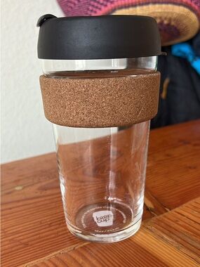 Reusable Glass Coffee Cup with Cork Band and Black Lid